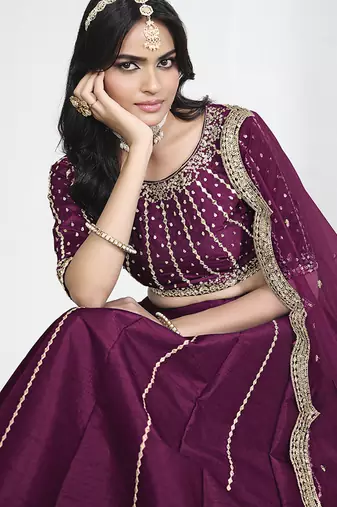 Wine Art Silk Embroidered Lehenga Choli