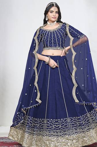 Navy Blue Art Silk Embroidered Lehenga Choli