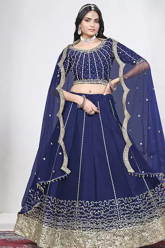 Navy Blue Art Silk Embroidered Lehenga Choli