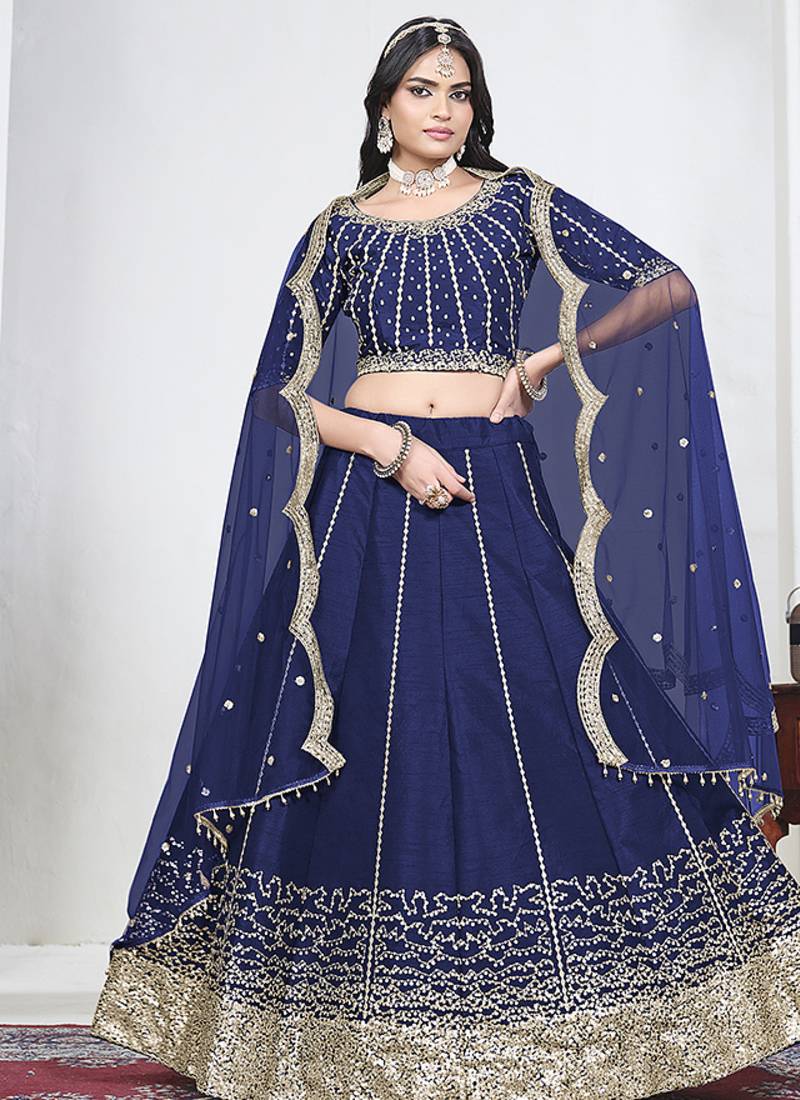 Navy Blue Art Silk Embroidered Lehenga Choli