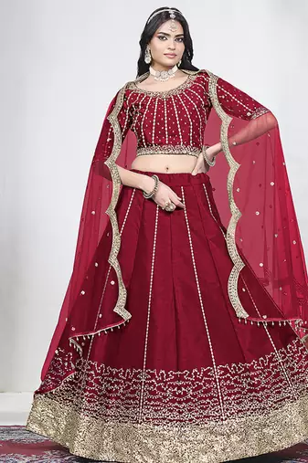 Red Art Silk Embroidered Lehenga Choli