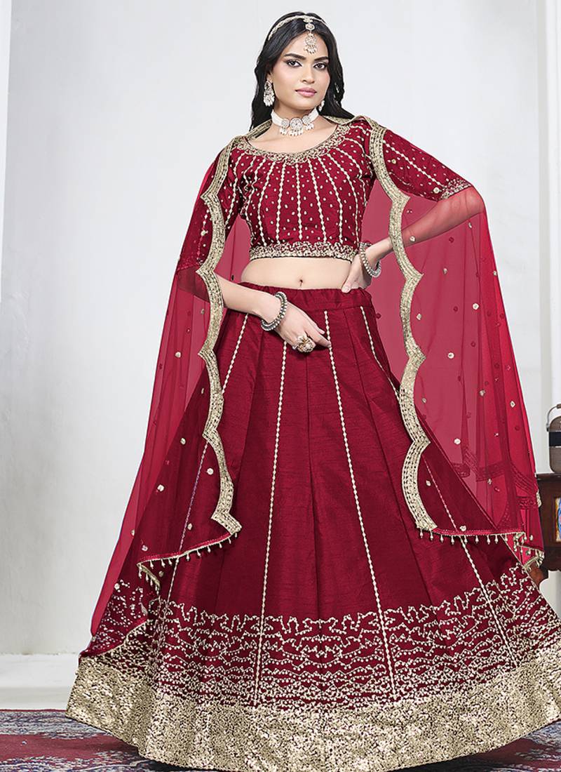 Red Art Silk Embroidered Lehenga Choli