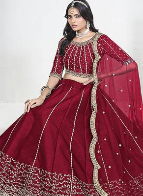 Red Art Silk Embroidered Lehenga Choli 3