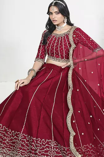 Red Art Silk Embroidered Lehenga Choli