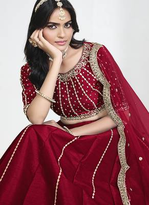 Red Art Silk Embroidered Lehenga Choli 4