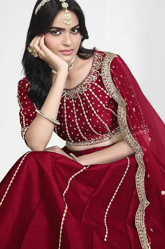 Red Art Silk Embroidered Lehenga Choli