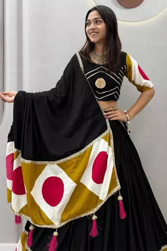 Black Color Gota patti lace & Print Lace Cotton Navratri Lahenga Choli Set