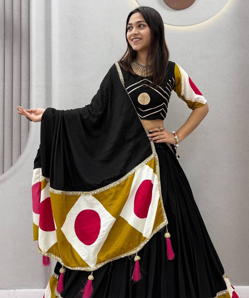 Black Color Gota patti lace & Print Lace Cotton Navratri Lahenga Choli Set