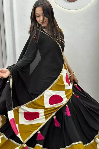 Black Color Gota patti lace & Print Lace Cotton Navratri Lahenga Choli Set
