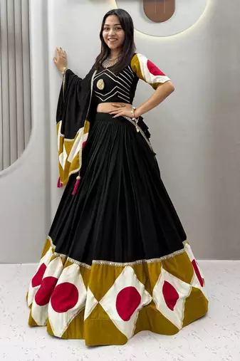 Black Color Gota patti lace & Print Lace Cotton Navratri Lahenga Choli Set