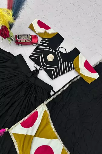 Black Color Gota patti lace & Print Lace Cotton Navratri Lahenga Choli Set
