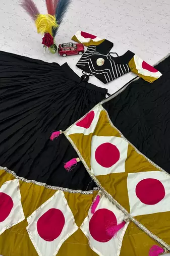 Black Color Gota patti lace & Print Lace Cotton Navratri Lahenga Choli Set