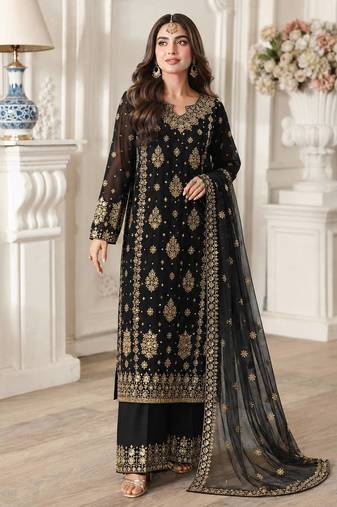 Black Color Embroidery And  Sequence Work Faux Georgette Salwar Suit