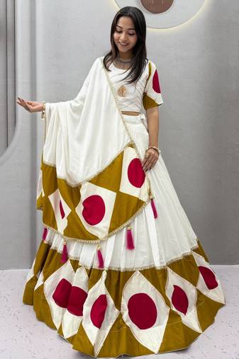 White Gota patti lace & Print Lace Cotton Navratri Lahenga Choli Set
