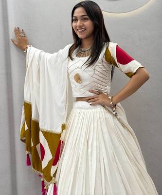 White Gota patti lace & Print Lace Cotton Navratri Lahenga Choli Set 2