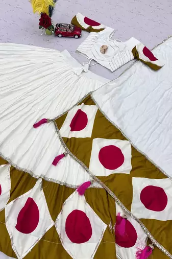White Gota patti lace & Print Lace Cotton Navratri Lahenga Choli Set
