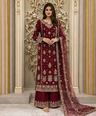Maroon Color Embroidery And  Sequence Work Faux Georgette Salwar Suit 1