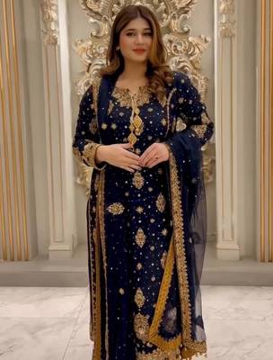 Navy Blue Color Embroidery And  Sequence Work Faux Georgette Salwar Suit 1
