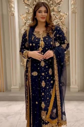 Navy Blue Color Embroidery And  Sequence Work Faux Georgette Salwar Suit