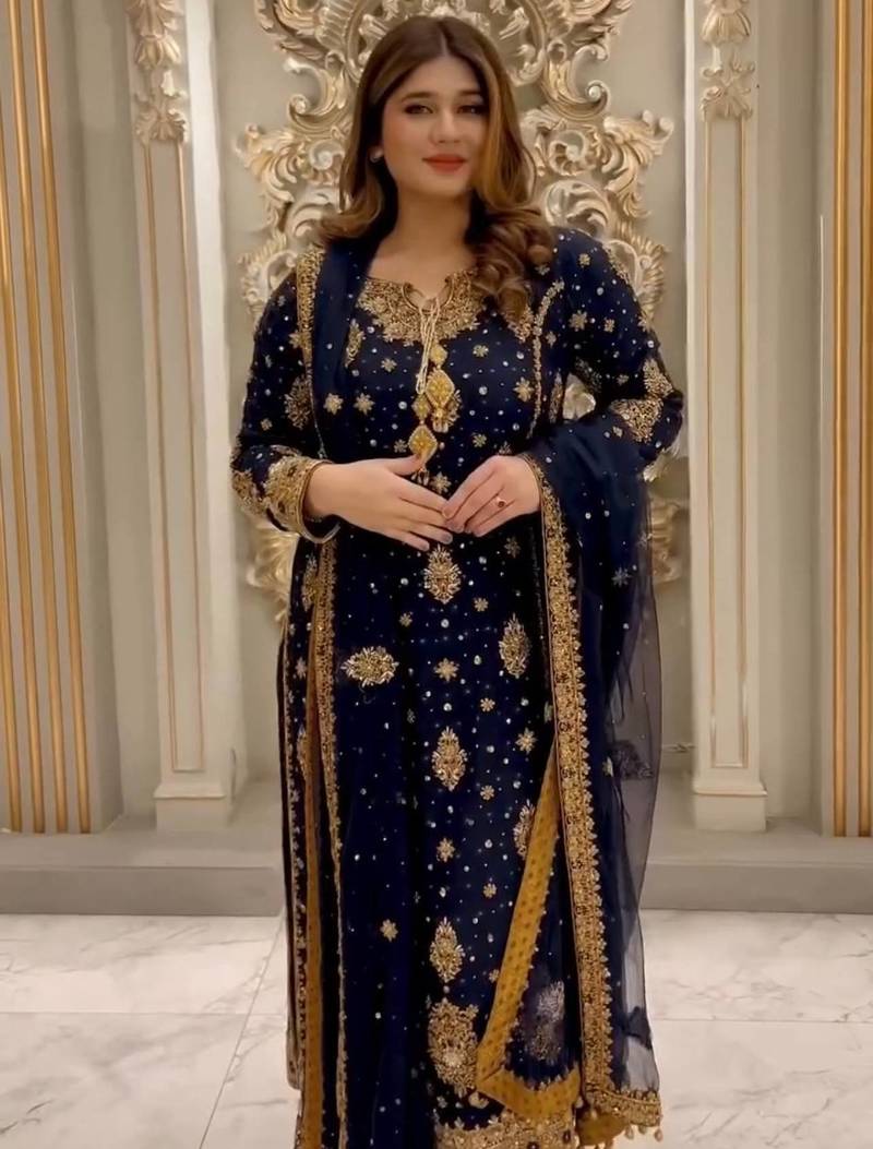 Navy Blue Color Embroidery And  Sequence Work Faux Georgette Salwar Suit