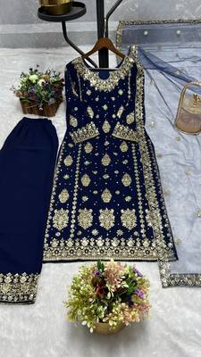 Navy Blue Color Embroidery And  Sequence Work Faux Georgette Salwar Suit 4