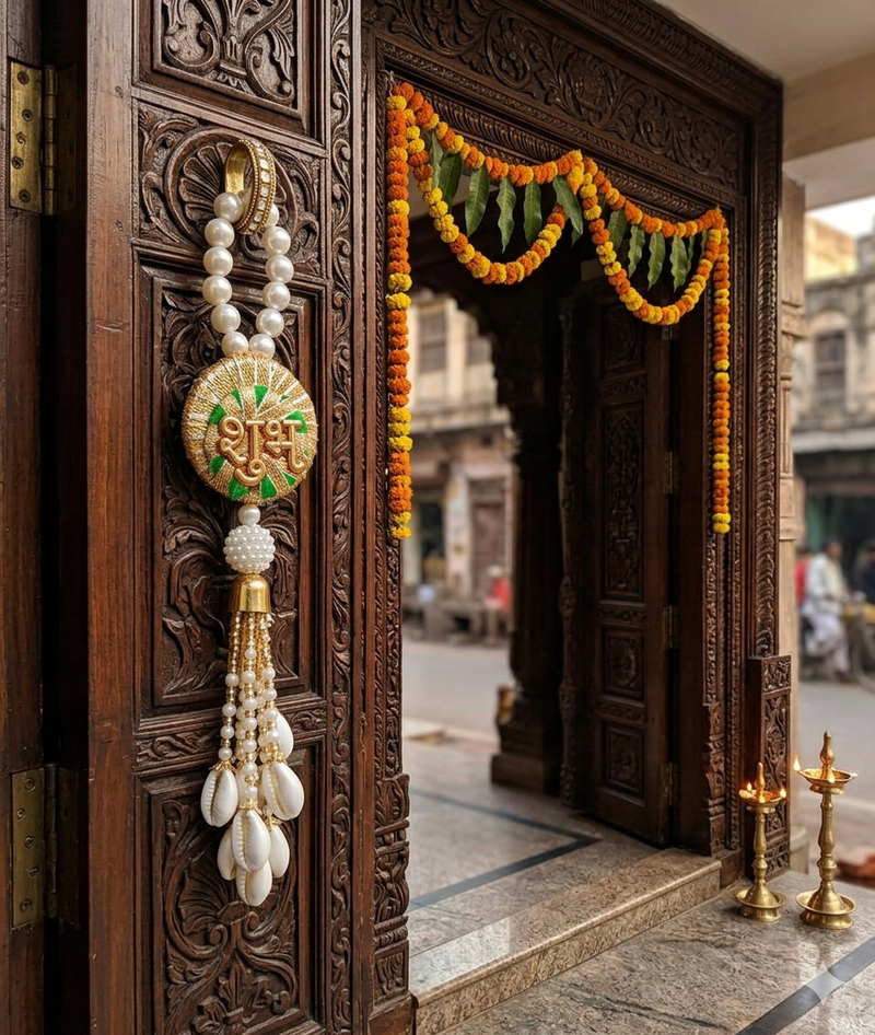 Decorative Shubh Labh Sikka Chudi with Latkan Hanging | Handmade Toran Door Hanging Decor (Pack of 2)