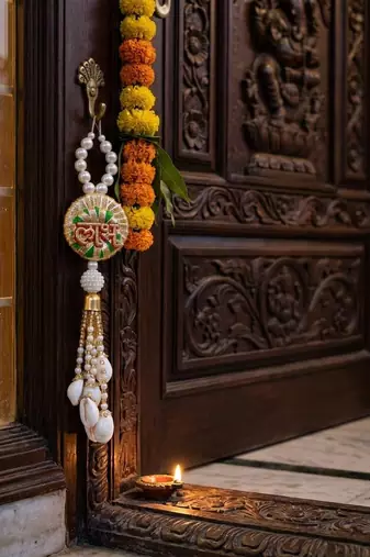 Decorative Shubh Labh Sikka Chudi with Latkan Hanging | Handmade Toran Door Hanging Decor (Pack of 2)
