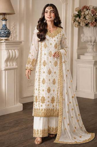 White Color Embroidery And  Sequence Work Faux Georgette Salwar Suit
