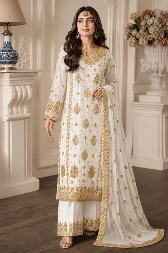 White Color Embroidery And  Sequence Work Faux Georgette Salwar Suit
