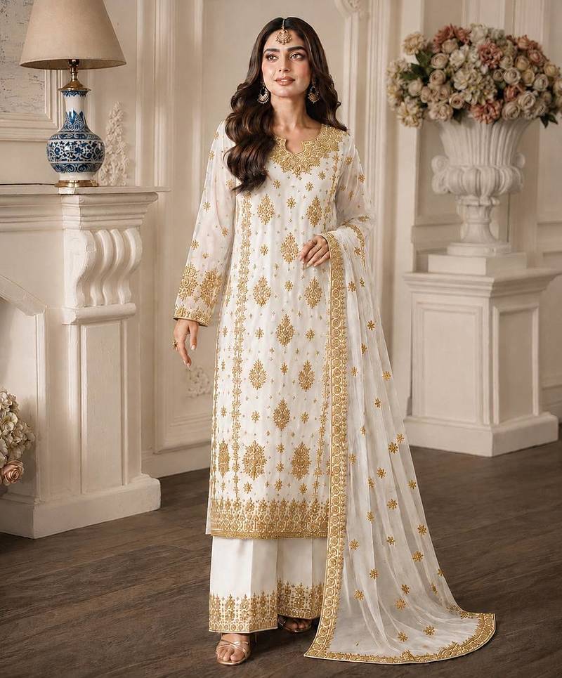 White Color Embroidery And  Sequence Work Faux Georgette Salwar Suit
