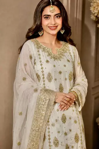 White Color Embroidery And  Sequence Work Faux Georgette Salwar Suit