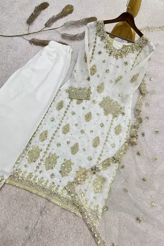 White Color Embroidery And  Sequence Work Faux Georgette Salwar Suit