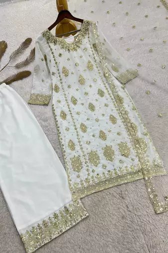 White Color Embroidery And  Sequence Work Faux Georgette Salwar Suit