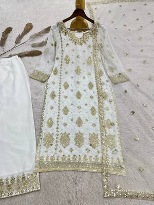 White Color Embroidery And  Sequence Work Faux Georgette Salwar Suit 5
