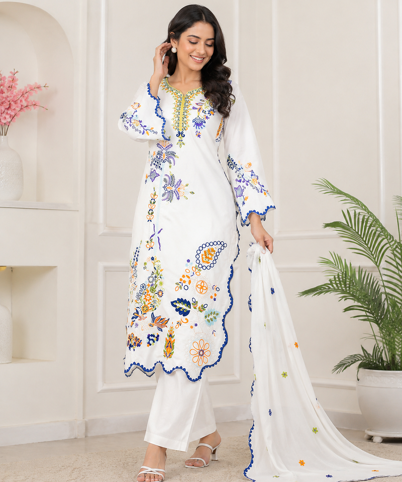 white color embroidery  work and sequins work silk blend salwar suit