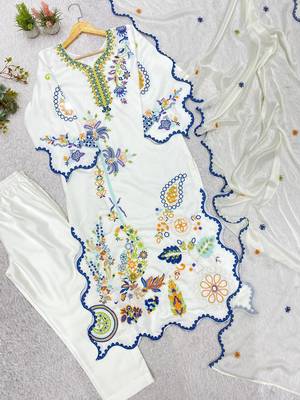 white color embroidery  work and sequins work silk blend salwar suit 4