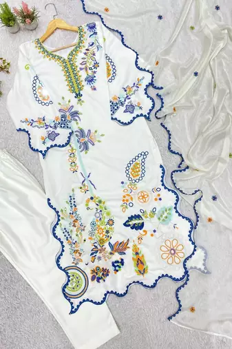 white color embroidery  work and sequins work silk blend salwar suit