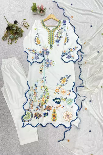 white color embroidery  work and sequins work silk blend salwar suit