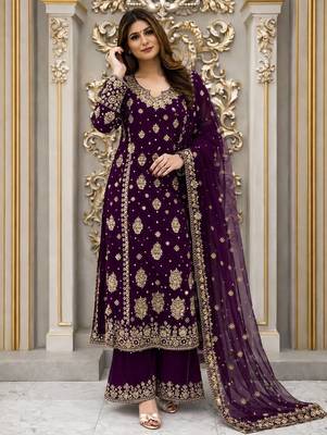 Wine Color Embroidery And  Sequence Work Faux Georgette Salwar Suit 1