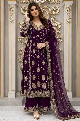 Wine Color Embroidery And  Sequence Work Faux Georgette Salwar Suit