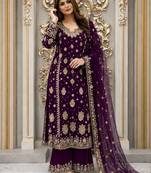 Wine Color Embroidery And  Sequence Work Faux Georgette Salwar Suit