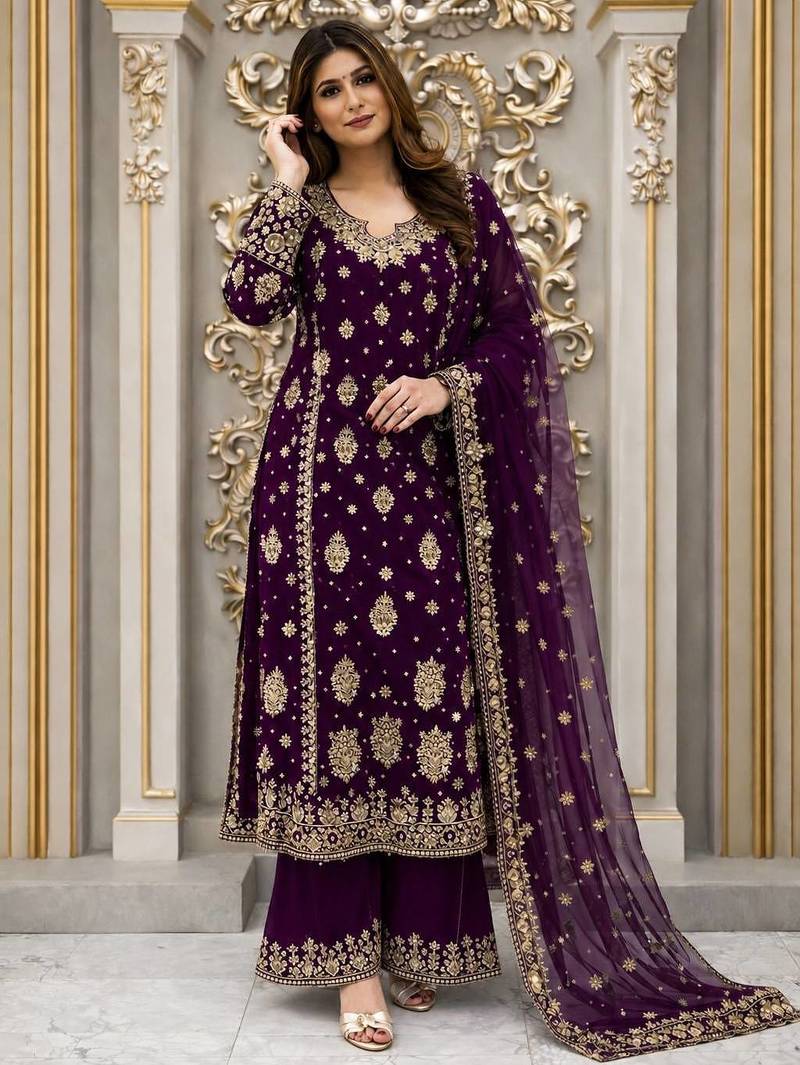 Wine Color Embroidery And  Sequence Work Faux Georgette Salwar Suit