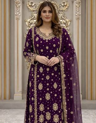 Wine Color Embroidery And  Sequence Work Faux Georgette Salwar Suit 2