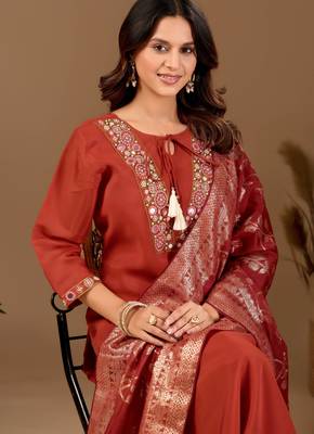 Rust cotton blend embellished kurta set 1