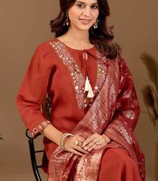 Rust cotton blend embellished kurta set