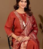 Rust cotton blend embellished kurta set