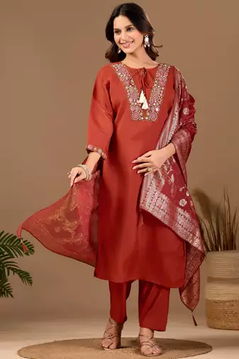 Rust cotton blend embellished kurta set