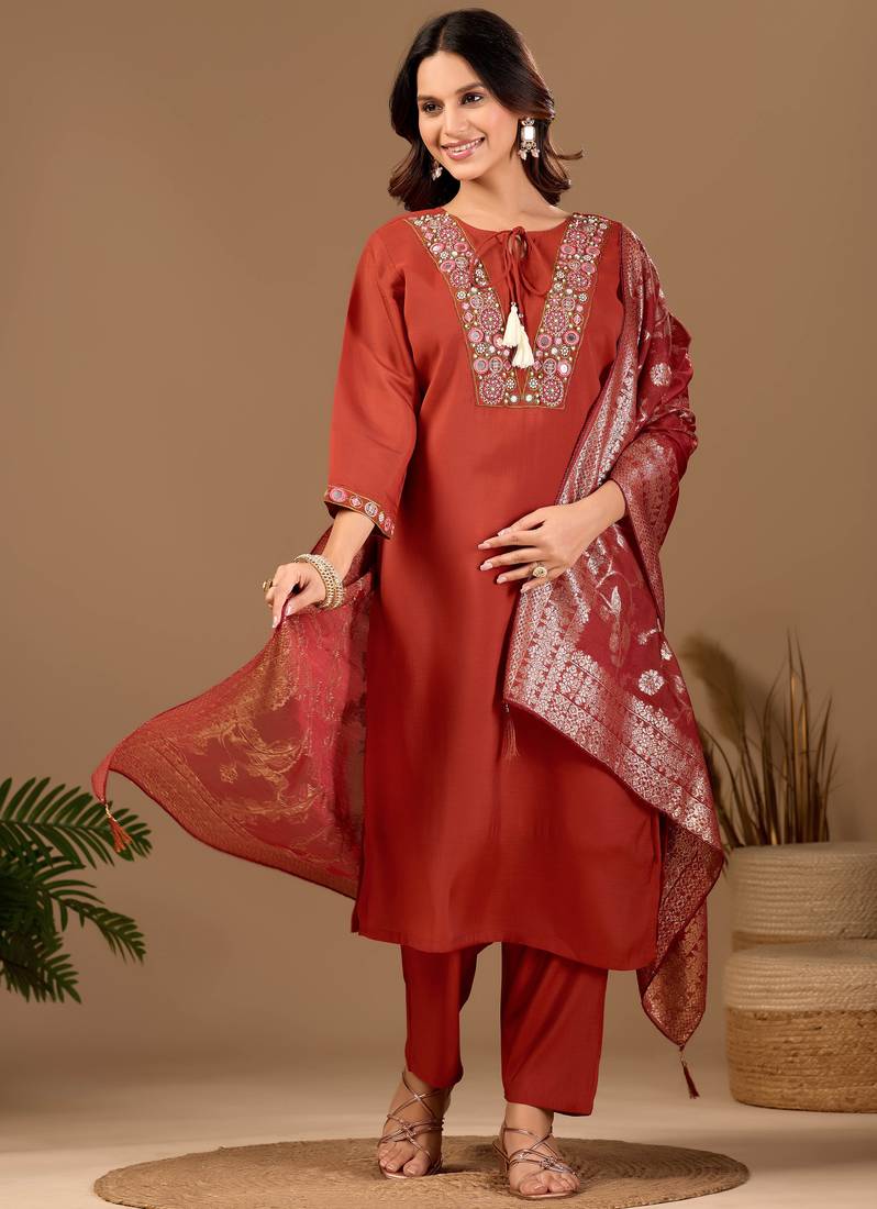 Rust cotton blend embellished kurta set