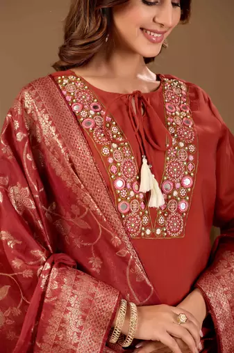 Rust cotton blend embellished kurta set