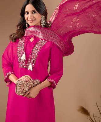 Rani Pink cotton blend embellished kurta set 1